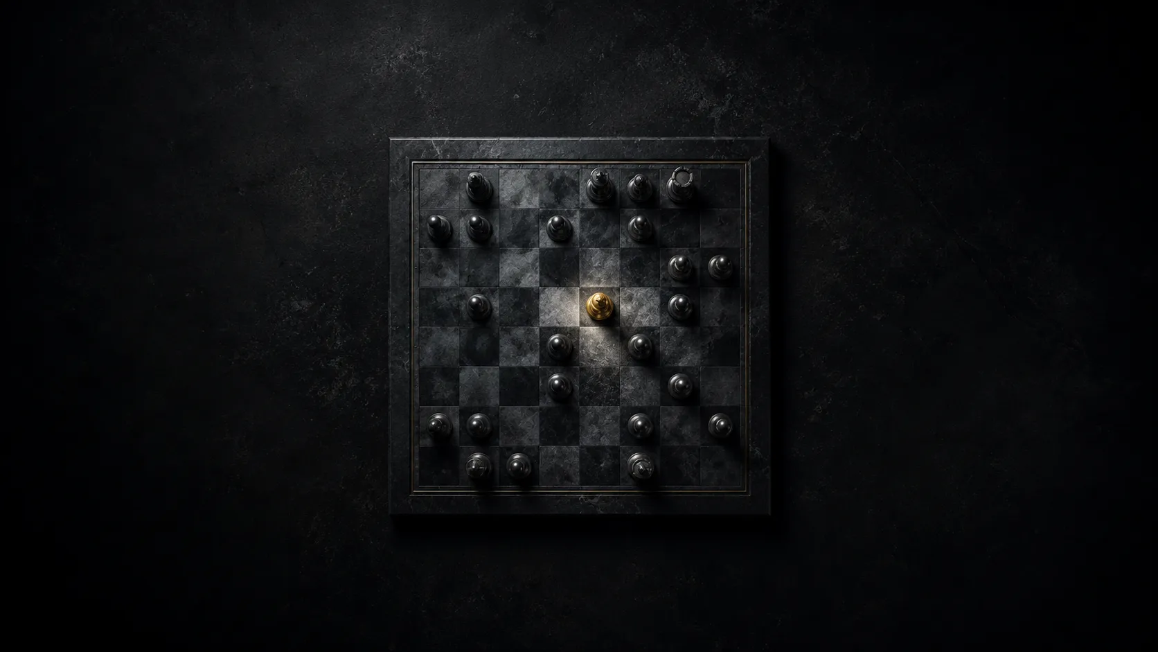 An overhead dark stone chessboard with a single gold piece lit at the center