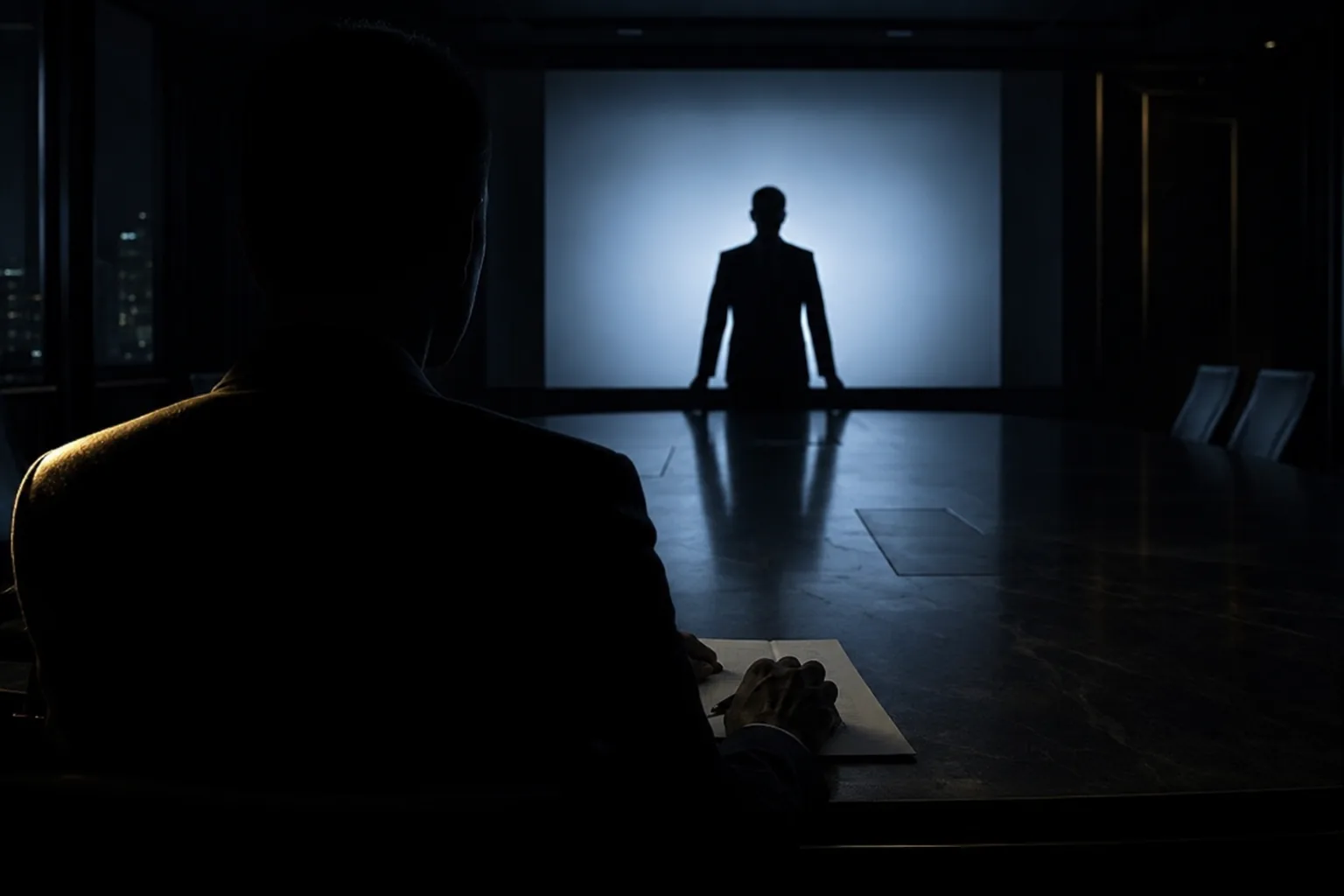 A dark boardroom at night, one standing figure lit at the head of the table while a seated figure sits in shadow over their own notes