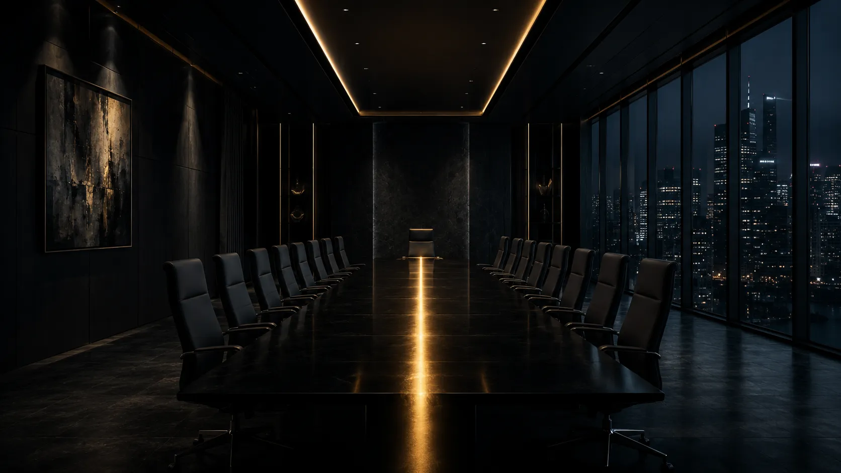 A dark boardroom at night, a blade of gold light running the length of the table to the chair at its head